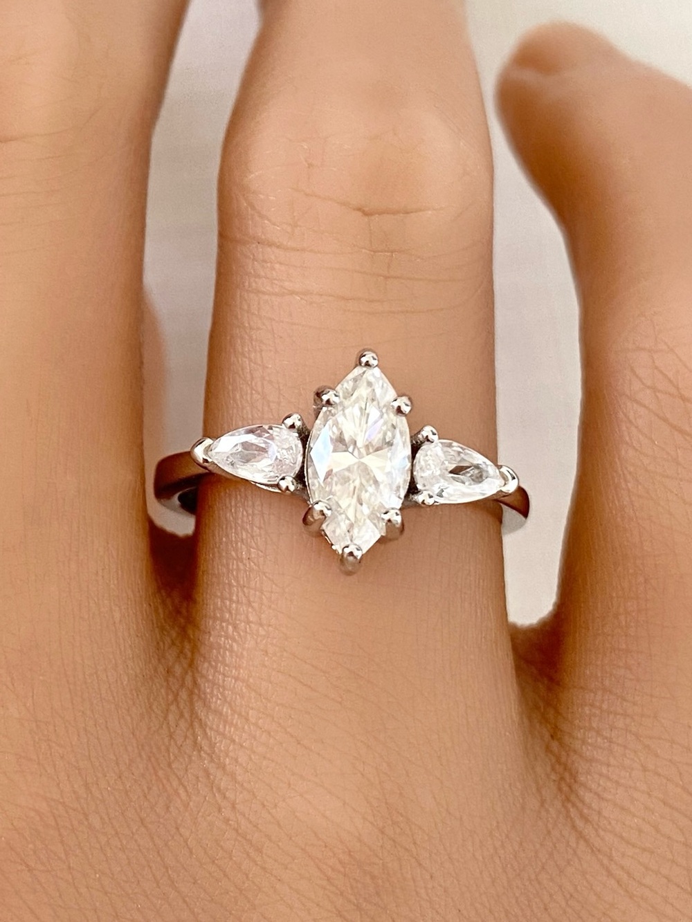 Marquise White Moissanite Diamond Pear CZ Three Sterling Silver Ring Women’s